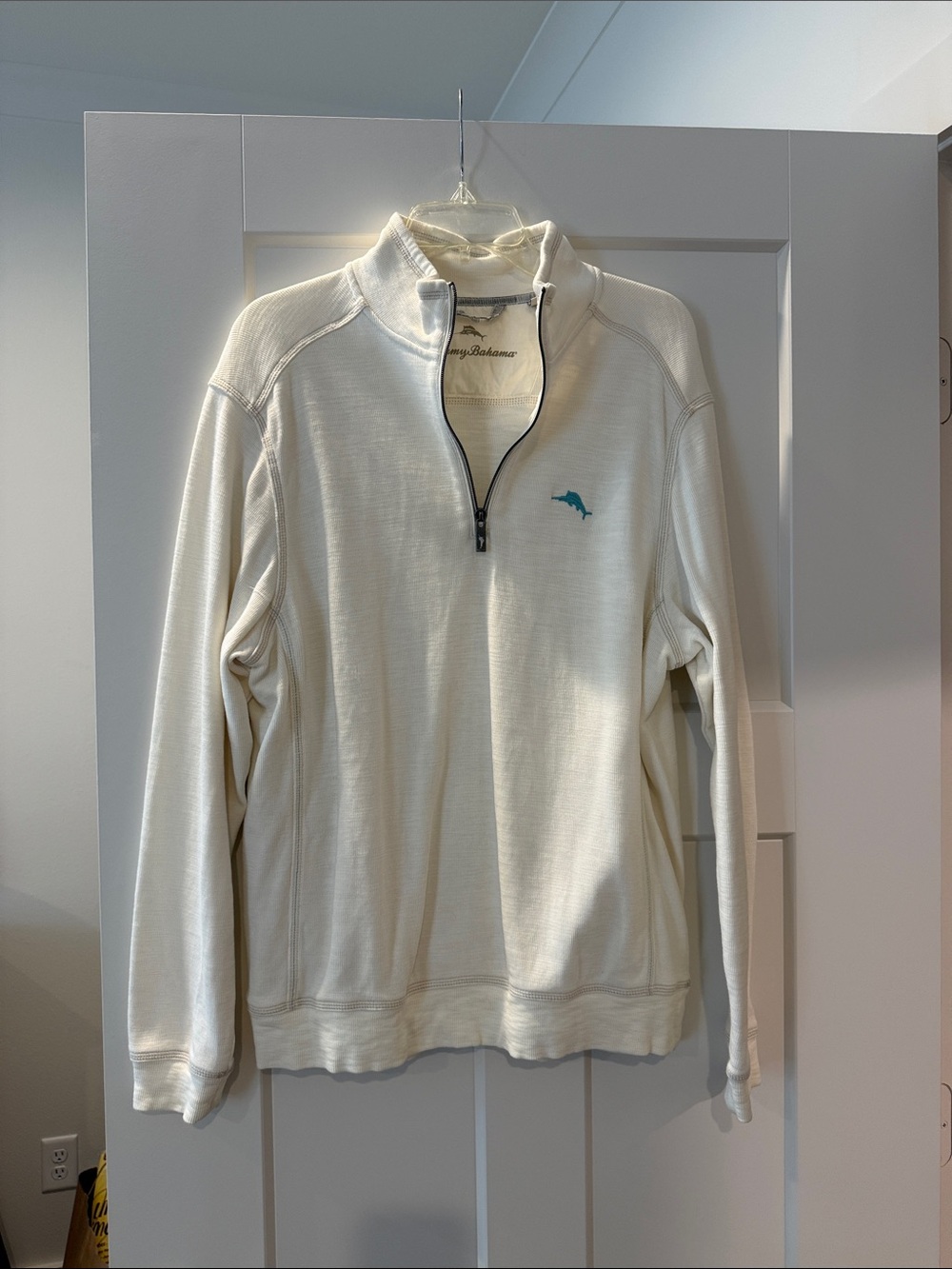 Tommy Bahama Men's Ivory Half-Zip Pullover with Teal Dolphin Logo